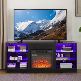 TV Stand Electric Fireplace  Glass Shelves, 3D Fireplace TV Stand With LED Lights Wood With USB Charging Outlet Modern Television Table Center Fo (Option: Black)